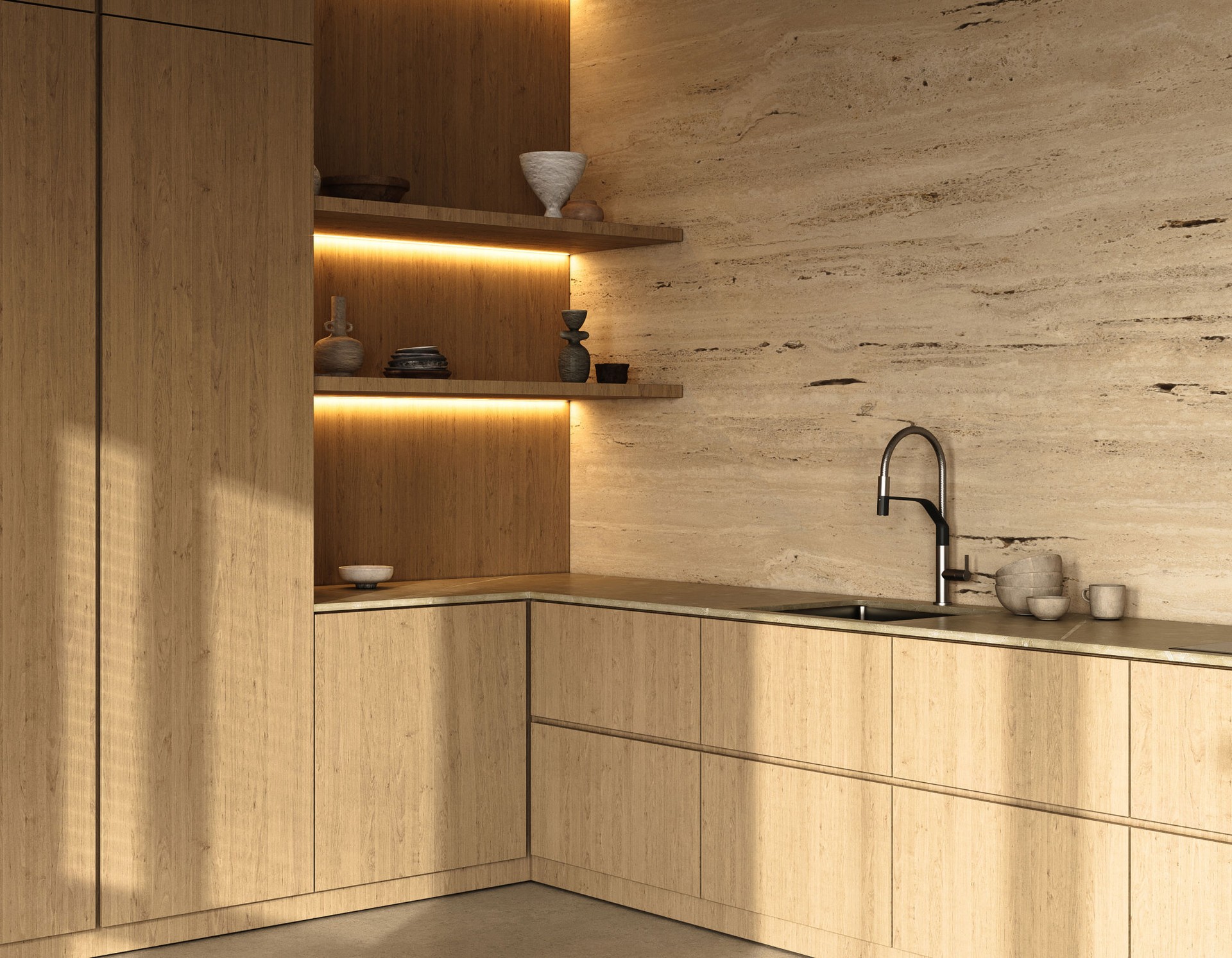 Modern minimalist kitchen with warm wood finishes and ambient lighting